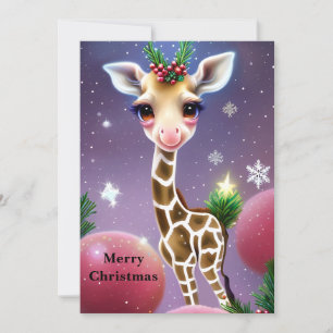 Schattige Fantasy Baby Giraffe met Holly Feestdagenkaart