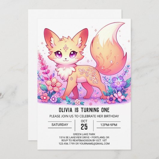 Schattige Fantasy Fox 1e verjaardag Kaart (Voorkant / Achterkant)