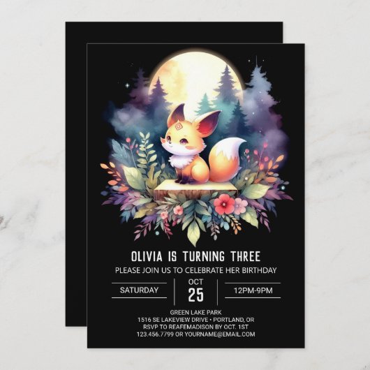 Schattige Fantasy Fox Verjaardag digitaal Kaart (Voorkant / Achterkant)