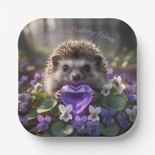 Schattige februari egel met amethist hart papieren bordje