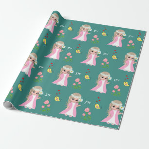 Schattige fee-elf en bloemen op turquoise cadeaupapier