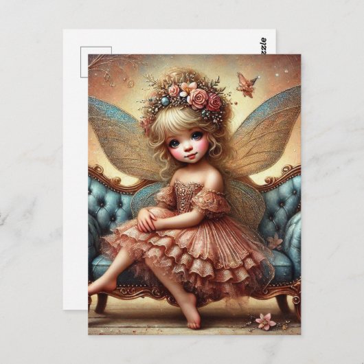 Schattige fee in een roze jurk op een bank briefkaart (Voorkant / Achterkant)