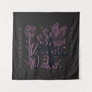 Schattige Fee Paddenstoel en Bloem Zwart & Roze Wandkleed