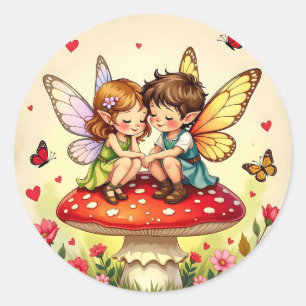 Schattige feeën op retro paddenstoelen vintage ronde sticker