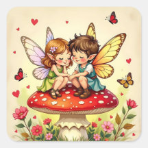 Schattige feeën op retro paddenstoelen vintage
