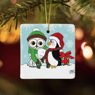 Schattige Festieve Winteruil Pinguïn Kerstmis Vrie Keramisch Ornament