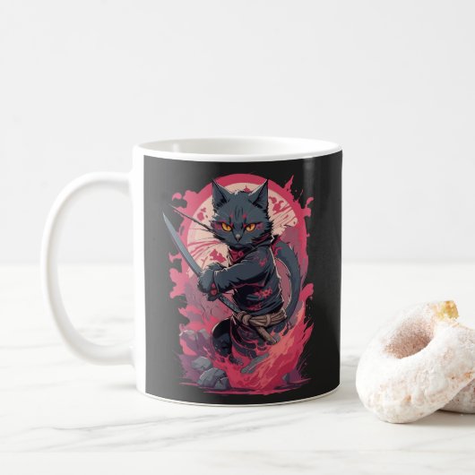 Schattige Fire Splash Black Ninja Cat Warrior Koffiemok (Met donut)