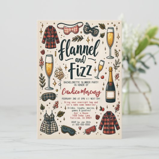 Schattige Flanel en Fizz Slumber Bachelorette Part Kaart (Staand voorkant)