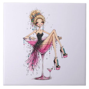 Schattige Flirterige Dame in een Martini Glas Tegeltje