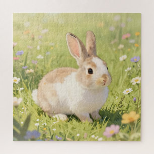 Schattige Fluffy Bunny Weide met Wilde Bloemen Legpuzzel