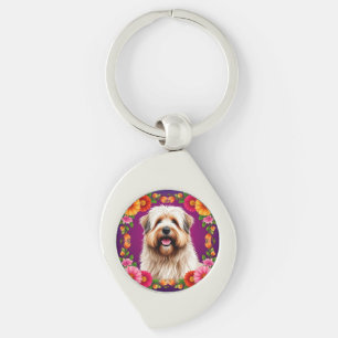 Schattige Fluffy Hond met Bloemen Sleutelhanger