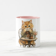 Schattige Fluffy Kat Drinkt Koffie Vintage Waterve