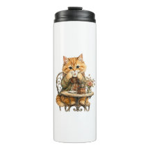 Schattige Fluffy Kat Drinkt Koffie Vintage Waterve