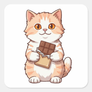 Schattige Fluffy Kat Eet Chocoladereep Cartoon Vierkante Sticker