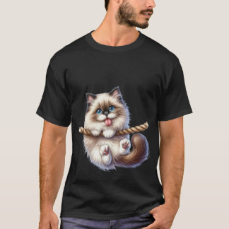 Schattige Fluffy Kat Hangend aan Touw Speelse Kuns T-shirt