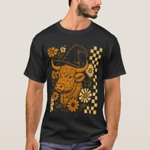 Schattige Fluffy Koe Halloween Bloem Geruit Retro T-shirt