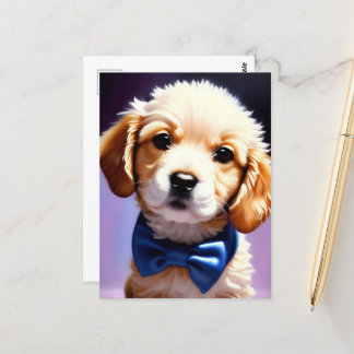 Schattige Fluffy Puppy met Cute Blue Bow Stropdas Briefkaart