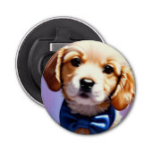 Schattige Fluffy Puppy met Cute Blue Bow Stropdas Button Flesopener (Voorkant)
