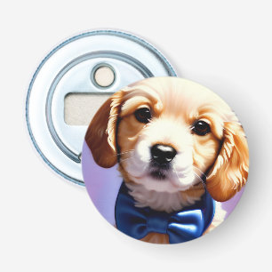 Schattige Fluffy Puppy met Cute Blue Bow Stropdas Button Flesopener