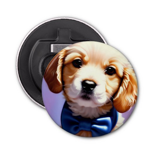 Schattige Fluffy Puppy met Cute Blue Bow Stropdas Button Flesopener (Voorkant)