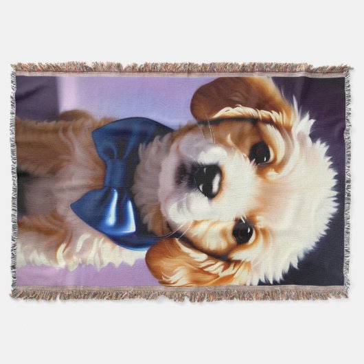 Schattige Fluffy Puppy met Cute Blue Bow Stropdas Deken (Voorkant)