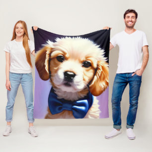 Schattige Fluffy Puppy met Cute Blue Bow Stropdas Fleece Deken