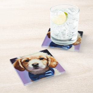 Schattige Fluffy Puppy met Cute Blue Bow Stropdas Glazen Onderzetter
