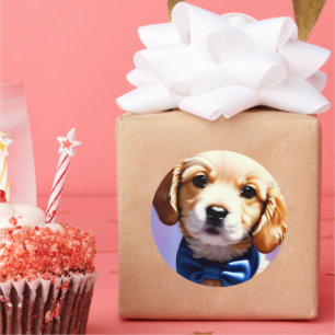 Schattige Fluffy Puppy met Cute Blue Bow Stropdas Ronde Sticker