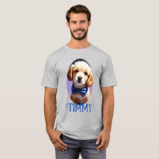 Schattige Fluffy Puppy met Cute Blue Bow Stropdas T-shirt (Voorkant volledig)