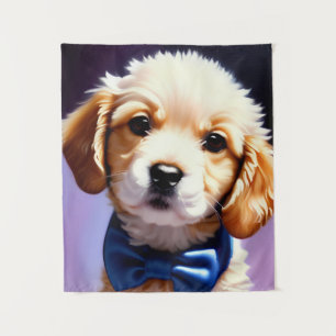 Schattige Fluffy Puppy met Cute Blue Bow Stropdas Wandkleed