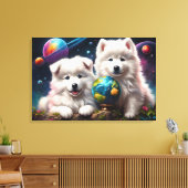 Schattige Fluffy Samoyed Puppies, Vrede op Aarde Canvas Afdruk (Insitu (Woonkamer))