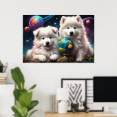 Schattige Fluffy Samoyed Puppies, Vrede op Aarde Poster (Thuiskantoor)