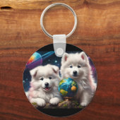 Schattige Fluffy Samoyed Puppies, Vrede op Aarde Sleutelhanger (Achterkant)