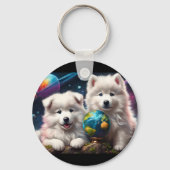 Schattige Fluffy Samoyed Puppies, Vrede op Aarde Sleutelhanger (Achterkant)