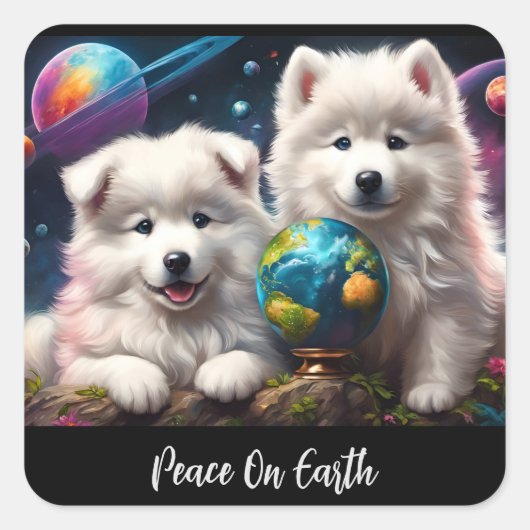 Schattige Fluffy Samoyed Puppies, Vrede op Aarde Vierkante Sticker (Voorkant)