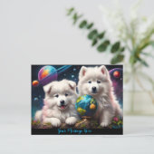 Schattige Fluffy Samoyed Pups, Aarde Briefkaart (Staand voorkant)