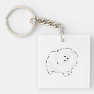 Schattige Fluffy Witte Bichon Pomeranian Hond Dood Sleutelhanger