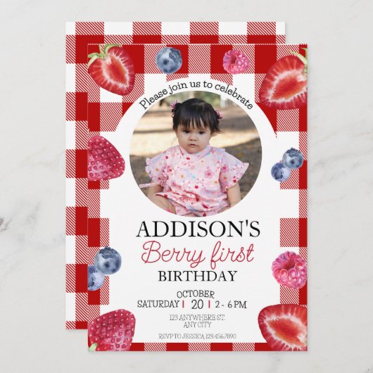 Schattige Foto Rood Blauw Berry Sweet 1e Verjaarda Kaart (Voorkant / Achterkant)