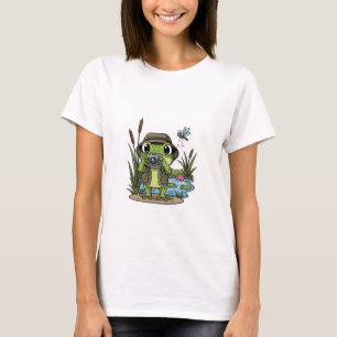 Schattige fotograaf kikker met camera, libel t-shirt