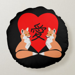 Schattige fox Cartoon Love Heart Rond Kussen