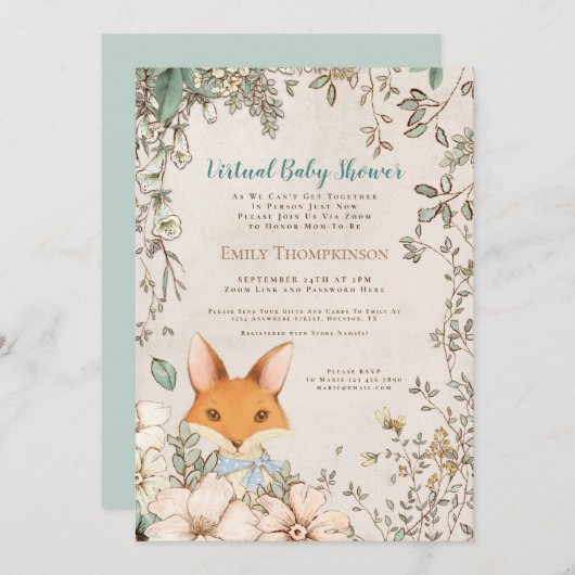 Schattige Fox Floral White Virtual Baby shower Kaart (Voorkant / Achterkant)