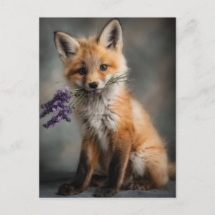 Schattige Fox Kit met Lavendelbloemen Feestdagenkaart