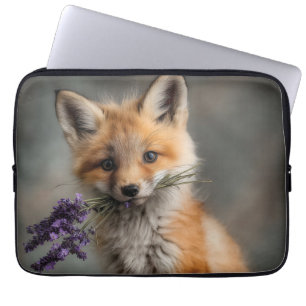 Schattige Fox Kit met Lavendelbloemen Laptop Sleeve