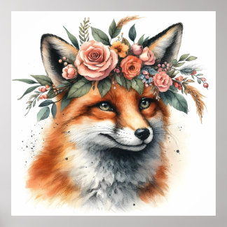 Schattige Fox met Floral Crown poster