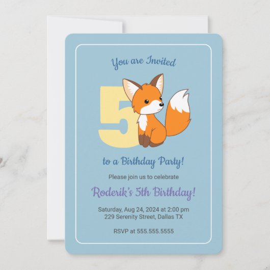 Schattige Fox op Blue Boys 5e Verjaardag Kaart (Voorkant)
