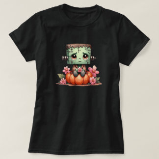 Schattige Frankenstein zittend op pompoen met bloe T-shirt