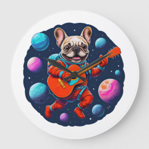 Schattige Franse Bulldog Astronaut Speelt Gitaar – Grote Klok