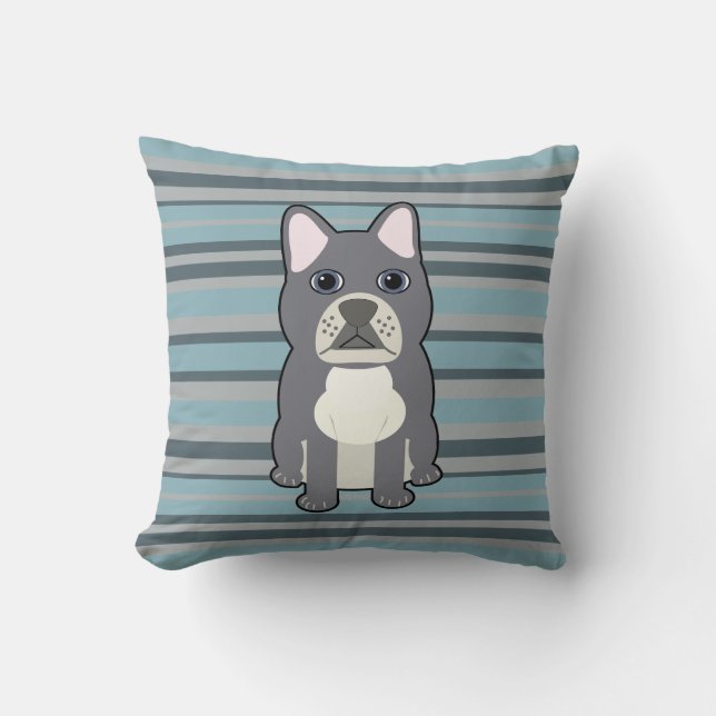 Schattige Franse Bulldog Blauwe Strepen Kussen (Voorkant)
