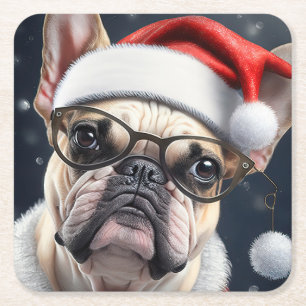 Schattige Franse Bulldog Kerstman Kerstvakantie On Vierkante Kartonnen Onderzetter