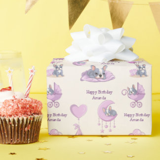 Schattige Franse Bulldog Roze Baby Meisje Verjaard Cadeaupapier